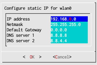image of Network Setup static IP window